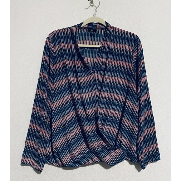 Talbots Top Womens 14P  Geometric Print Surplus Front Faux Wrap Long Sleeve - Picture 1 of 6